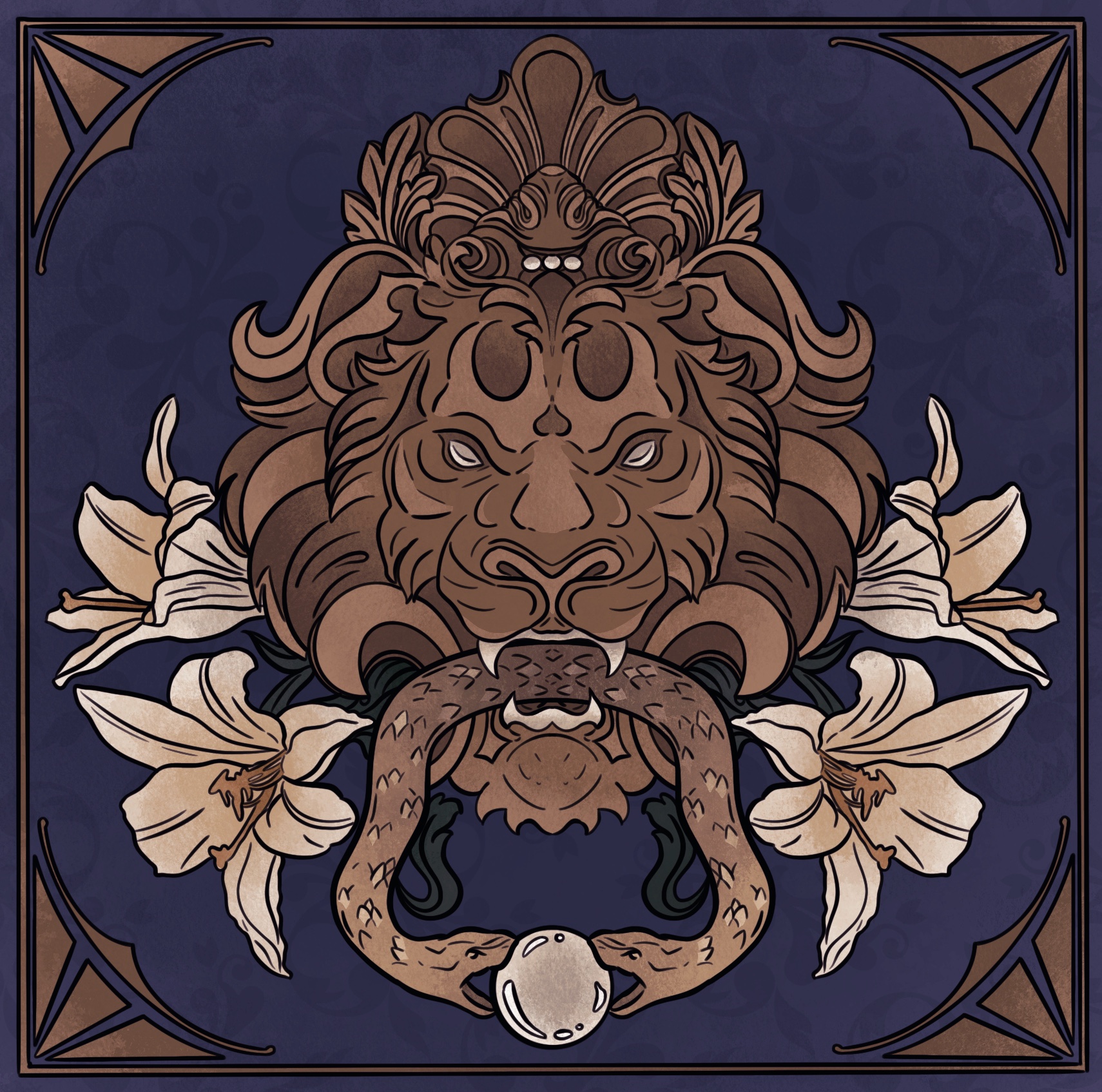 A knocker in the shape of a lion holds a snake in its mouth. The snake has heads on both sides, which meet in the center to hold a pearl between them. Do you dare enter?